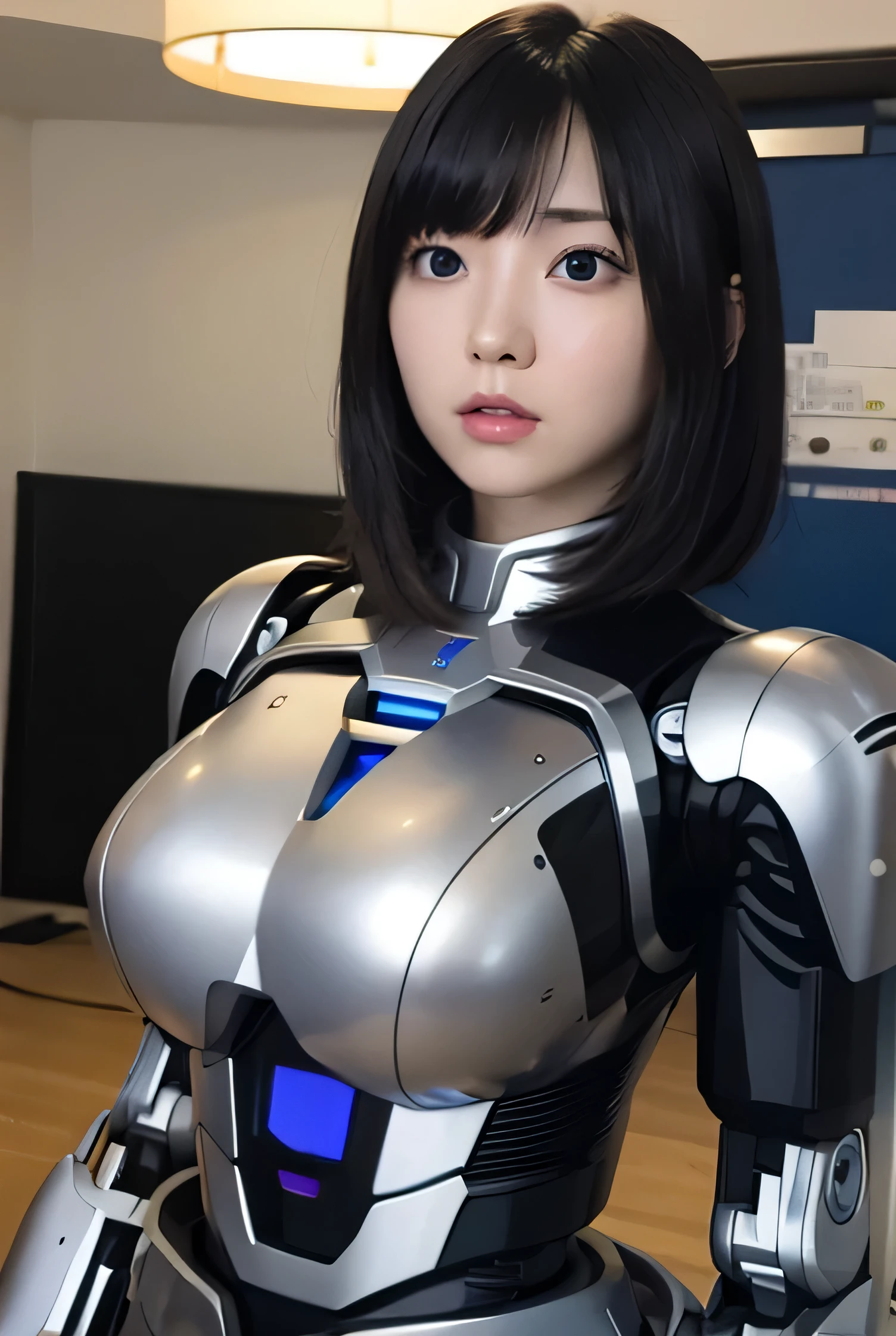 masterpiece, best quality, extremely detailed, Japaese android girl,portrait,Plump,a bit chubby,control panels,android,Droid,Mechanical Hand, Robot arms and legs, Black hair,Blunt bangs,perfect robot girl,long tube,thick cable connected her neck,android,robot,humanoid,cyborg,japanese cyborg girl ,robot-assembly plant,She is assembling now,assembly scene,blue eyes,chest monitor,hypnosis