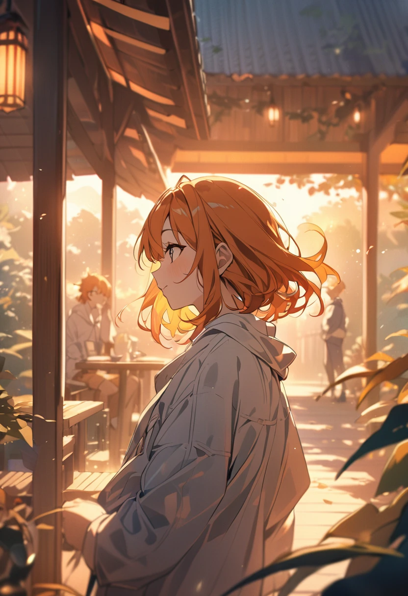 1girl, anime, orange hair, best friends, boy, highly detailed,, masterpiece,,, vibrant colors, warm lighting, serene outdoor setting, natural lighting, depth of field, cinematic composition