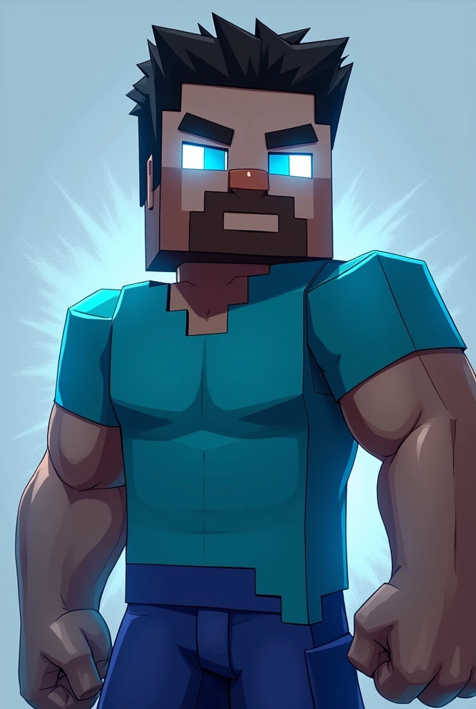 Steve from Minecraft with glowing white eyes dadass , your muscular body , with a light blue anime style shirt, with a shallow beard , a square body