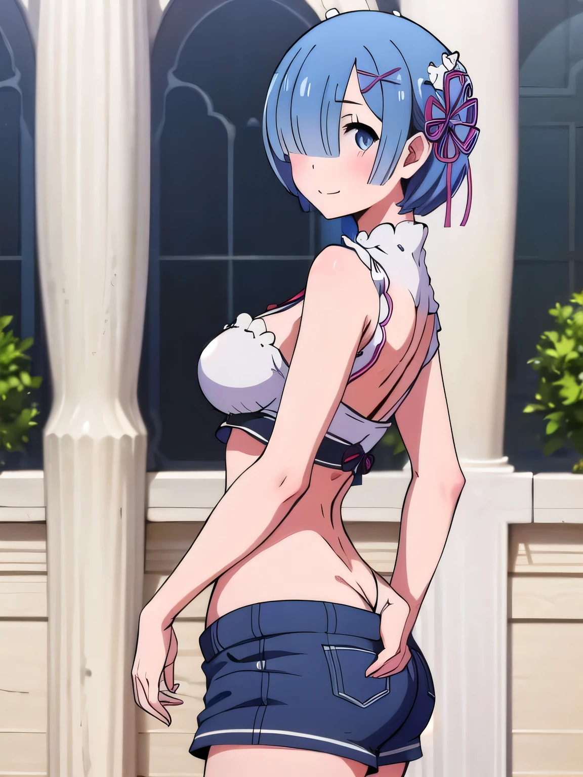 all realistic intricate details, masterpiece, best quality, highres, rem1, 1girl, solo, rem \(re:zero\), blue hair, short hair, red eyes, hair over one eye, ribbon trim, hair ribbon, x hair ornament, frills, crop top white, denim shorts,medium breasts, cleavage, sedection pose , hair flower, outdoor, standing, smile, perfect background, perfect light, front angle.