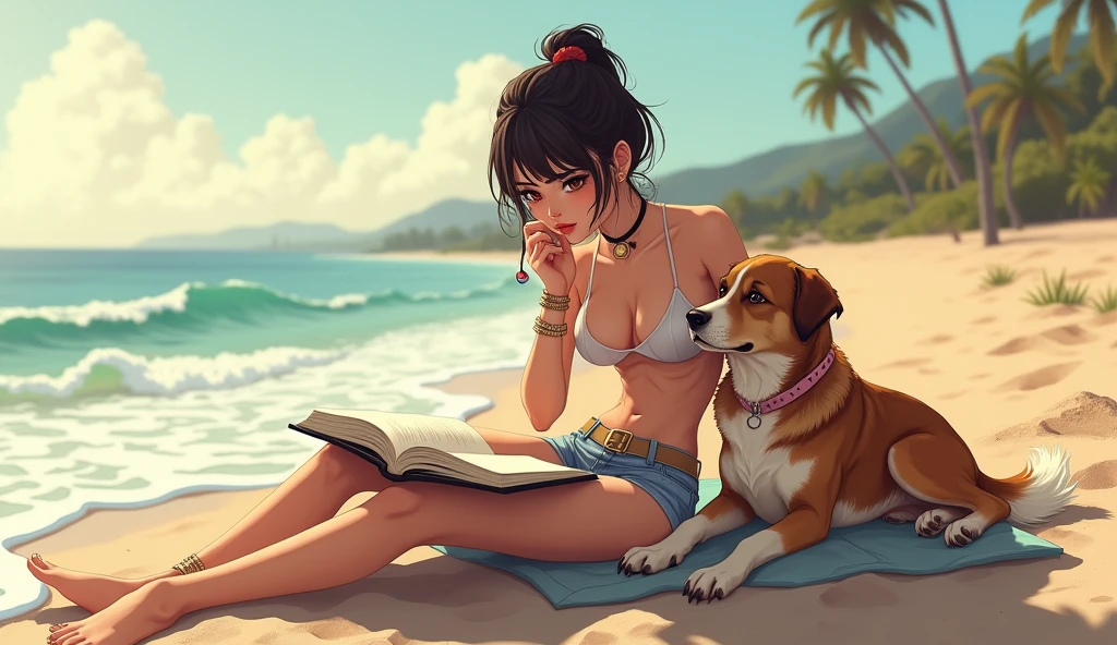 egirl without clothes, on the beach studying with a dog by my side