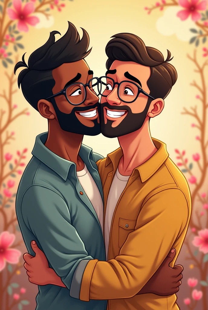 Crie um casal gay, they both wear glasses, one has dark skin and the other is Asian, a couple of TWO MEN, and make it in Cartoon format 