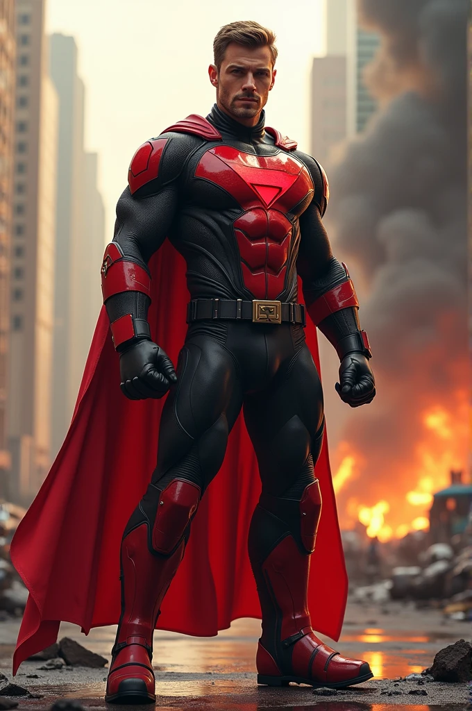 Firefighter superhero costume without cape, in red and black colors