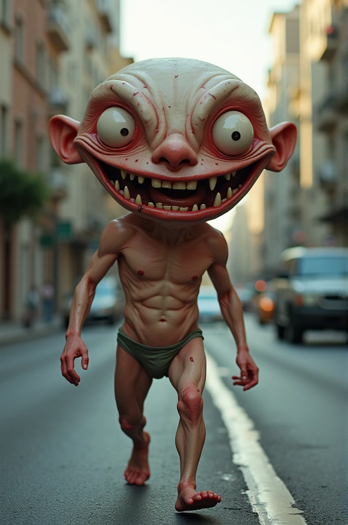 Hyperrealistic photo (Full body photo) Bizarre in a funny style, weird, penis shaped head, bulging eyes, skin folds, veins, big teeth, red eyes 1 smiling person walking down a city street looking across the street at the camera, surreal
