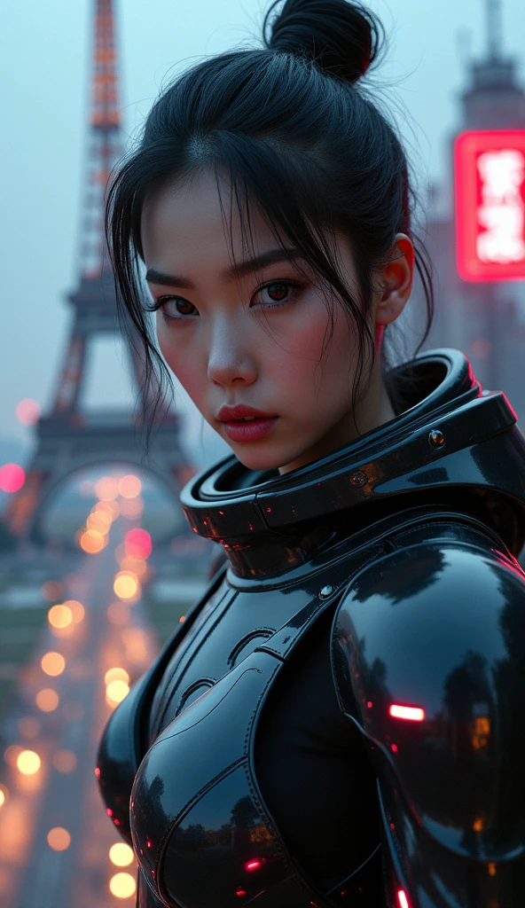photo-realistic, ultra-realistic, very beautiful Japanese futuristic soldier, boyish girl, extremely muscular, famous Japanese idol, 25 years old, dramatic scene, masterpiece, beautiful eyes, climbing effel tower, amazing city view, cyber punk glossy mecha armor suits with neon sign, dynamic pose, dynamic angle, dangerous place, (face focus),