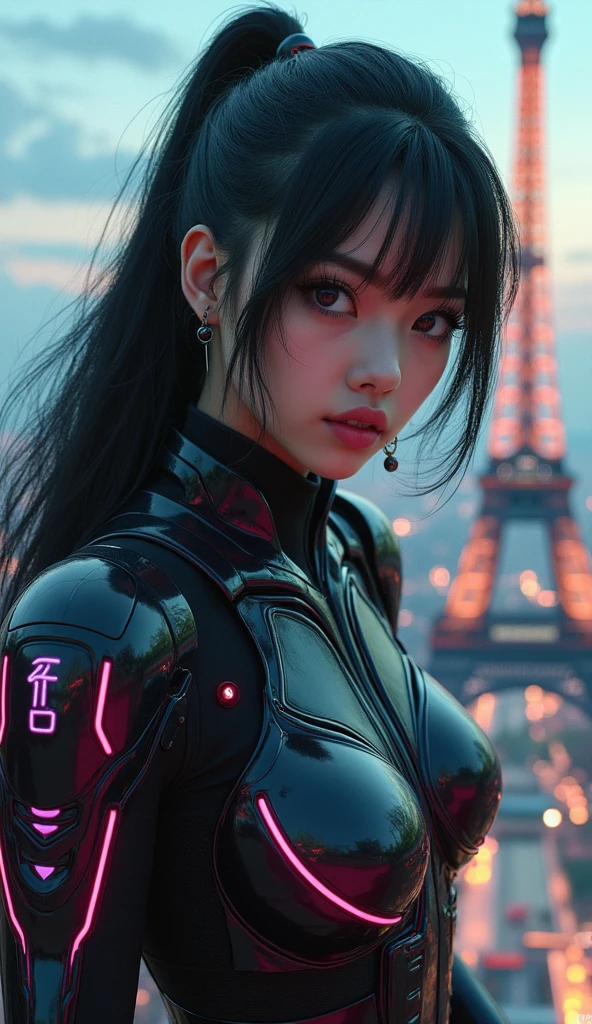 photo-realistic, ultra-realistic, very beautiful Japanese futuristic soldier, boyish girl, extremely muscular, famous Japanese idol, 25 years old, dramatic scene, masterpiece, beautiful eyes, climbing effel tower, amazing city view, cyber punk glossy mecha armor suits with neon sign, dynamic pose, dynamic angle, dangerous place, (face focus),