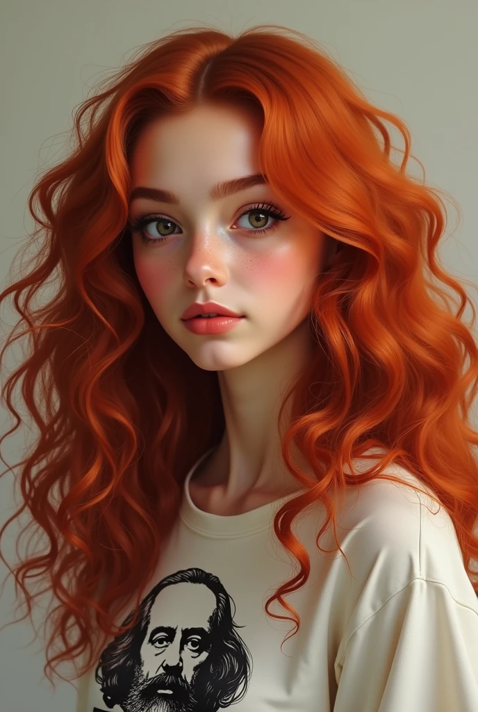 A Brazilian woman with her hair dyed a natural copper red, very long and very curly, not voluminous, rosto angelical, chubby and oval face, very beautiful, eyes browns, small mouth, slightly large cheeks, round eyes, big eyelashes, small and cute nose, round chin, wears well-defined eyeliner and a Karl Marx t-shirt