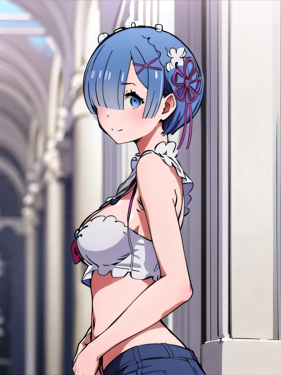 all realistic intricate details, masterpiece, best quality, highres, rem1, 1girl, solo, rem \(re:zero\), blue hair, short hair, red eyes, hair over one eye, ribbon trim, hair ribbon, x hair ornament, frills, crop top white, denim shorts,medium breasts, cleavage, sedection pose , hair flower, outdoor, standing, smile, perfect background, perfect light, front angle.