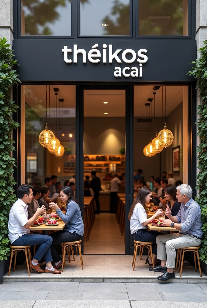 realistic image of a store with the name Theikos Açaí ,eating acai , ultra HD, high qualiy, best qualityer, high resolution, 8k, 16k perfection in the details