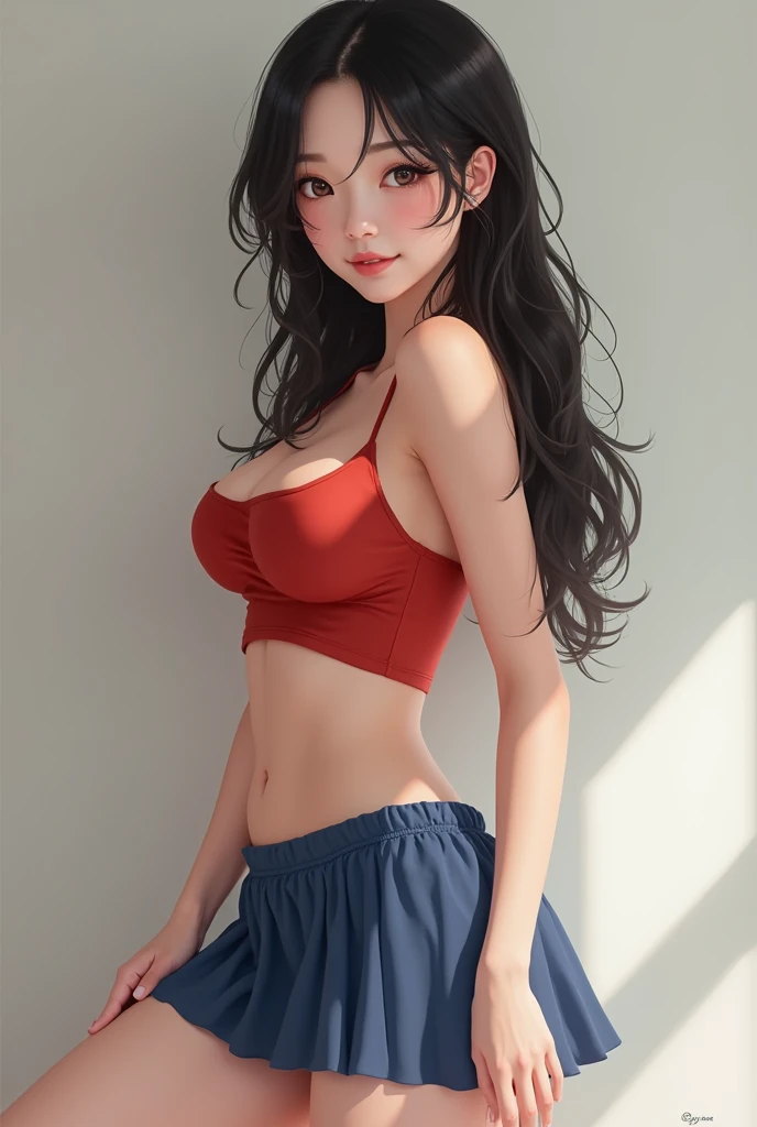 1 japanan girl, 25 years old, Long Wavy black Hair, dark brown eyes, , nude, cleavage, smiling, wear red croptop cloth and mini blue skirt