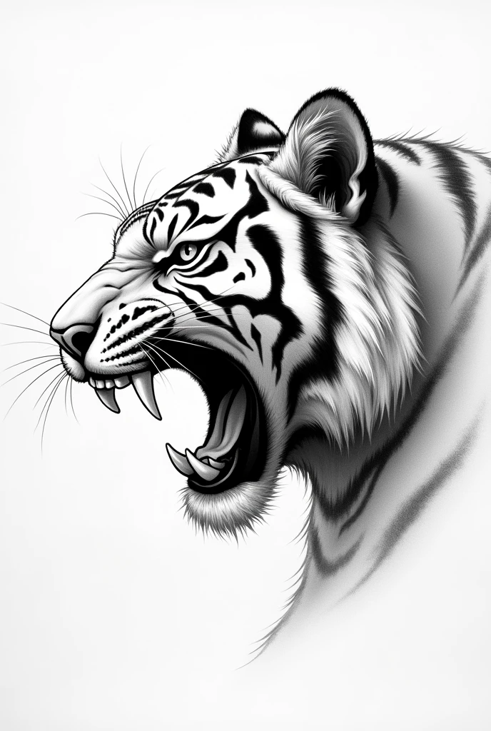 Un dessin au crayon style manga de la tête d’un tigre de profil la bouche ouverte