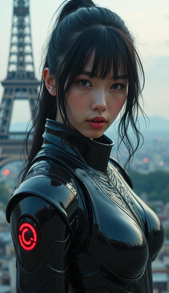 photo-realistic, ultra-realistic, very beautiful Japanese futuristic soldier, boyish girl, extremely muscular, famous Japanese idol, 25 years old, dramatic scene, masterpiece, beautiful eyes, climbing effel tower, amazing city view, cyber punk glossy mecha armor suits with neon sign, dynamic pose, dynamic angle, dangerous place, (face focus),