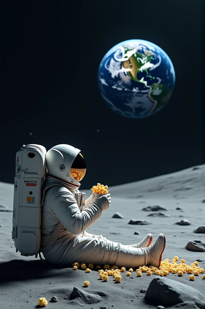 Astronaut sitting on the moon looking at the earth and eating popcorn