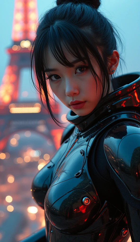 photo-realistic, ultra-realistic, very beautiful Japanese futuristic soldier, boyish girl, extremely muscular, famous Japanese idol, 25 years old, dramatic scene, masterpiece, beautiful eyes, climbing effel tower, amazing city view, cyber punk glossy mecha armor suits with neon sign, dynamic pose, dynamic angle, dangerous place, (face focus),