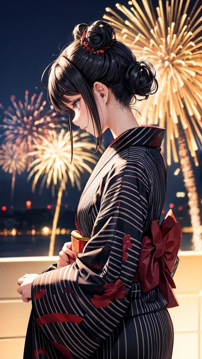 yukata　Fireworks　Mature Woman　Black hair chignon