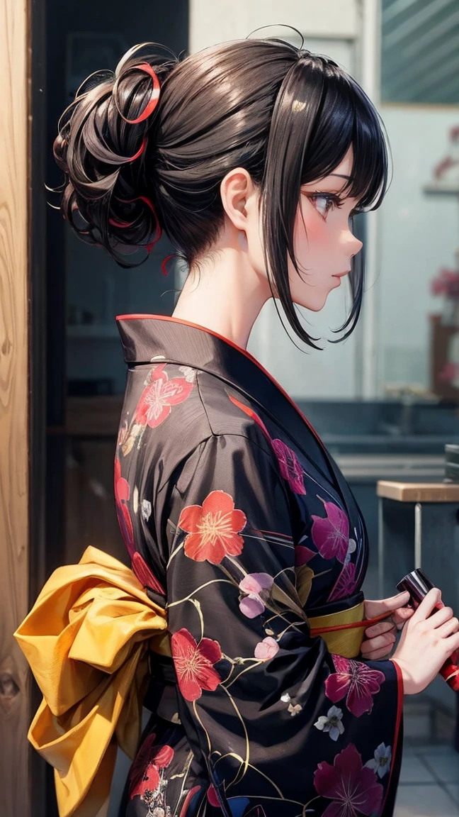 yukata Fireworks Mature Woman Black hair chignon