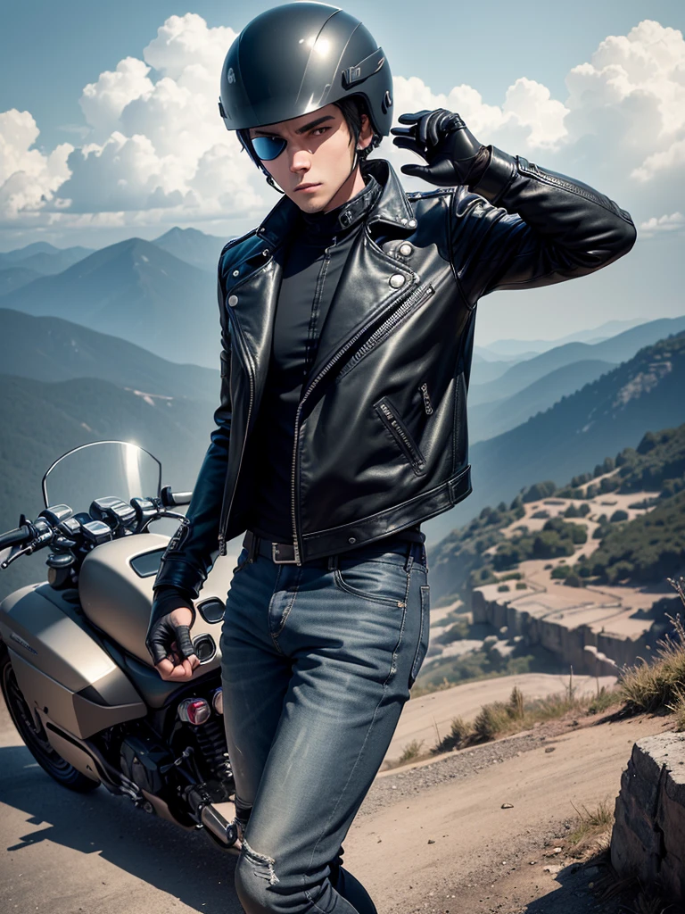 1boy, solo, adult mature, full body, wide shot, standing, wallpaper, (black leather Jacket), long sleeves, (black gloves), (high collar), open jacket, (brown undershirt), toned body, (blue jeans), (black boots), ((wearing biker helmet)), (black biker helmet), (grey visor), ((hands in pockets)), (Faceless), (leaning on motorcycle), (one leg on motorcycle), outdoors, (overlooking on a steep mountain by a road), sky, clouds, sunlight, detailed background, high quality, high contrast, perfect body, ,(HDR), (8k), (32k), (masterpiece:1.1), (Best quality), (Ultra detailed eyes)