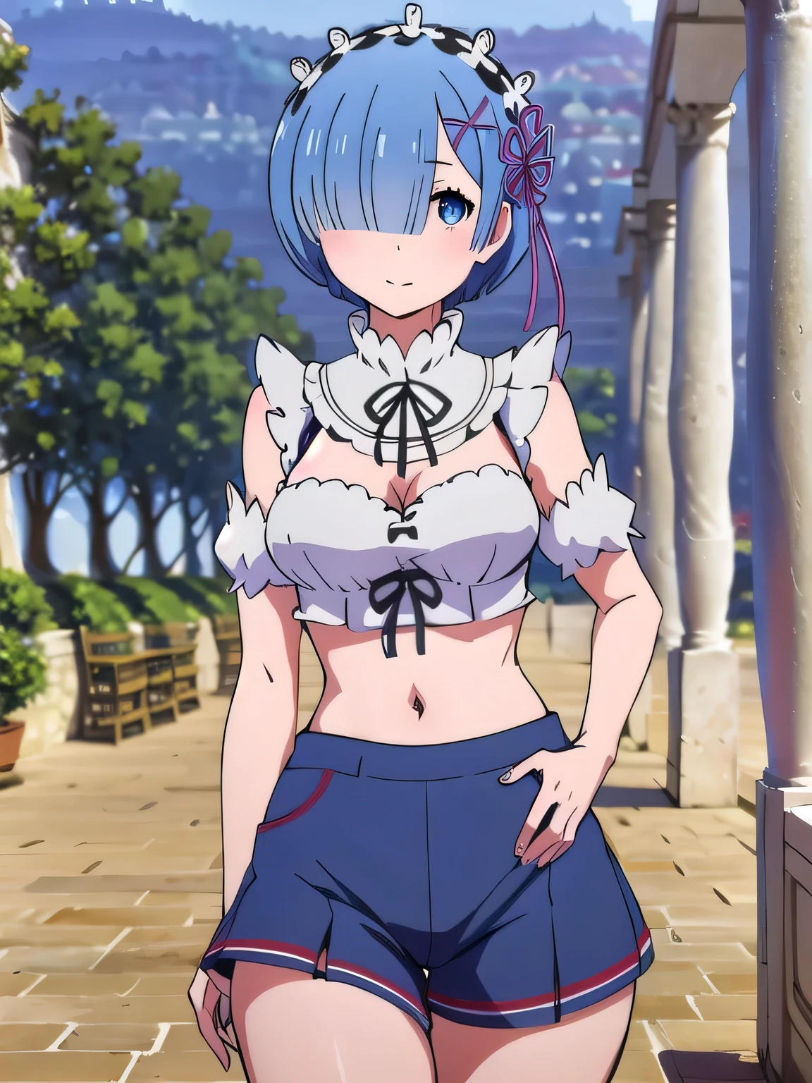 all realistic intricate details, masterpiece, best quality, highres, rem1, 1girl, solo, rem \(re:zero\), blue hair, short hair, red eyes, hair over one eye, ribbon trim, hair ribbon, x hair ornament, frills, crop top white, denim shorts,medium breasts, cleavage, sedection pose , hair flower, outdoor, standing, smile, perfect background, perfect light, front angle.