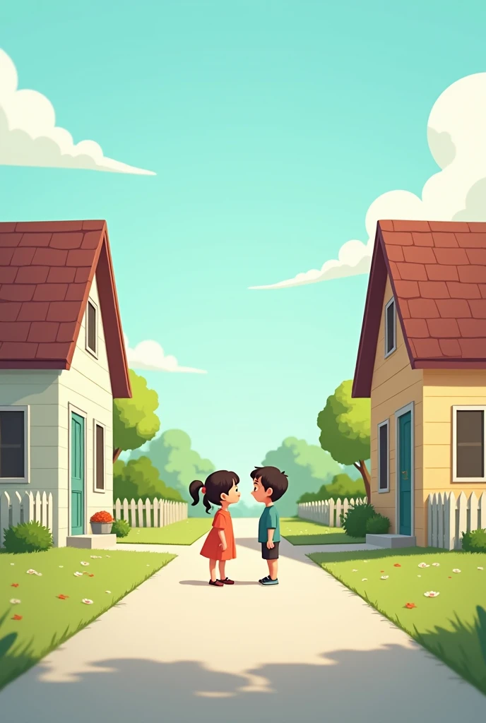 A detailed illustration of two houses facing each other, separated by a narrow road. One house has a boy standing in front of it, and the other has a girl in front of it. They are gazing at each other with curious expressions. The scene is done in an animation style, with vibrant colors and soft, clean lines. The houses should be simple, with small front yards and picket fences. The road between them is quiet, with no cars. The background shows a clear sky with a few clouds, and the overall mood is calm and inviting.