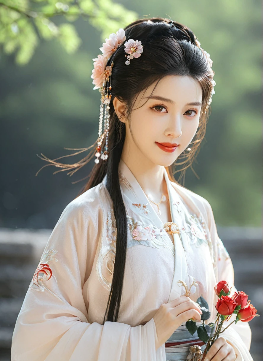 best quality, masterpiece, high resolution, Martial arts girl,blush,(Charming smile:0.8),Stellate pupils,china hanfu,Hair accessories,necklace, Jewelry,Pretty Face,more than_Body, Tyndall effect,lifelike, Dark Studio, Edge lighting, Two-color light,(High Detail Skin:1.2), 8K Ultra HD, SLR camera, Soft Light, high quality, Volumetric Lighting, frank, photo, high resolution, 4K, 8K, Bokeh,Roses blooming all around
