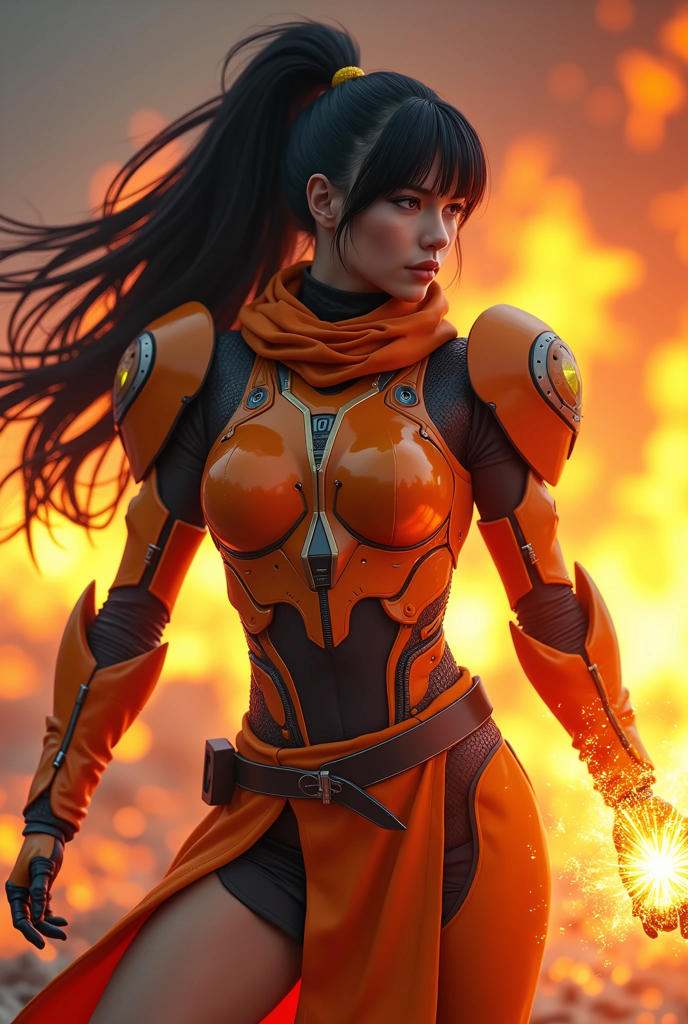 (masterpiece:1.2, Highest quality,Ultra-high resolution,Super detailed),8k,wallpaper,(Armored Core Style),Woman in ninja robot armor,Black Hair,Random Hairstyles,(Fire Ninja),(Orange body),(Detailed face:1.3),(Detailed body:1.3),(Cowboy Shot),(The background is burning flames and ash:2.0),(Preparing for battle,Stores a ball of fiery energy in the palm of your hand,The electronic parts of the armor glow.),(Detailed hands:1.8),(Flashy special move effects:2.0)