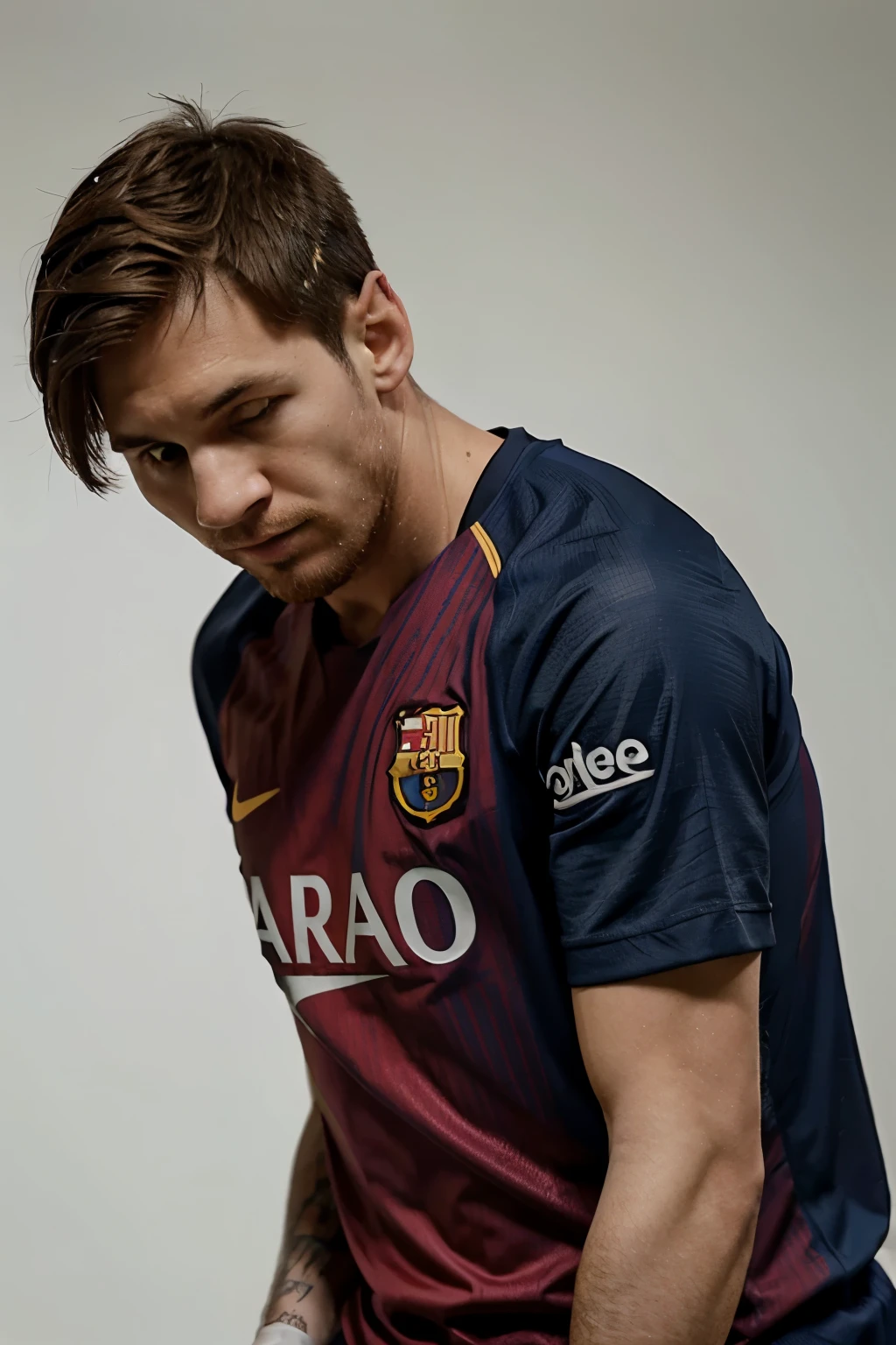Make the Barca player Messi wearing his shirt that says Alex with number 10 and below the number INSANE FC