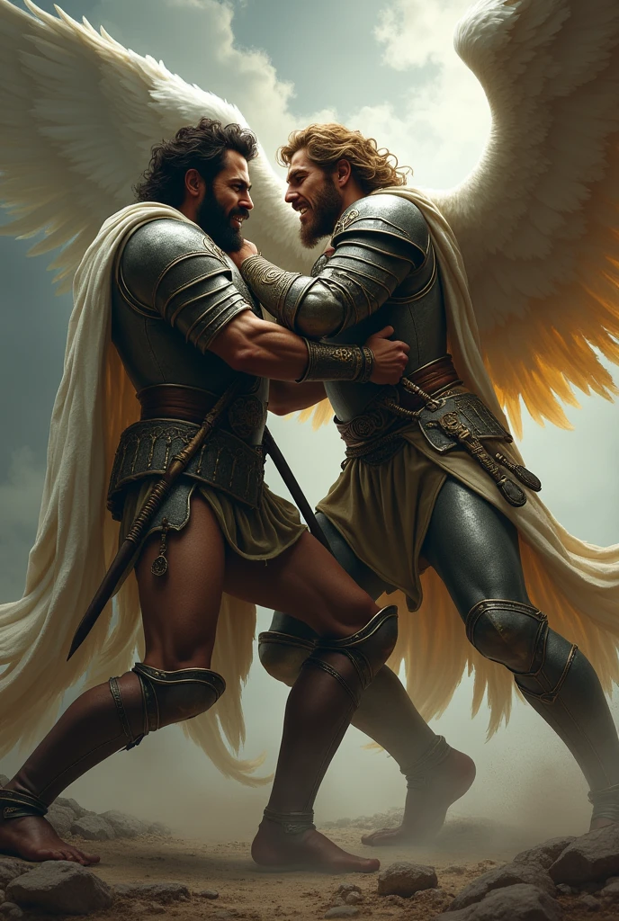 Jacob and the angel fighting with armor