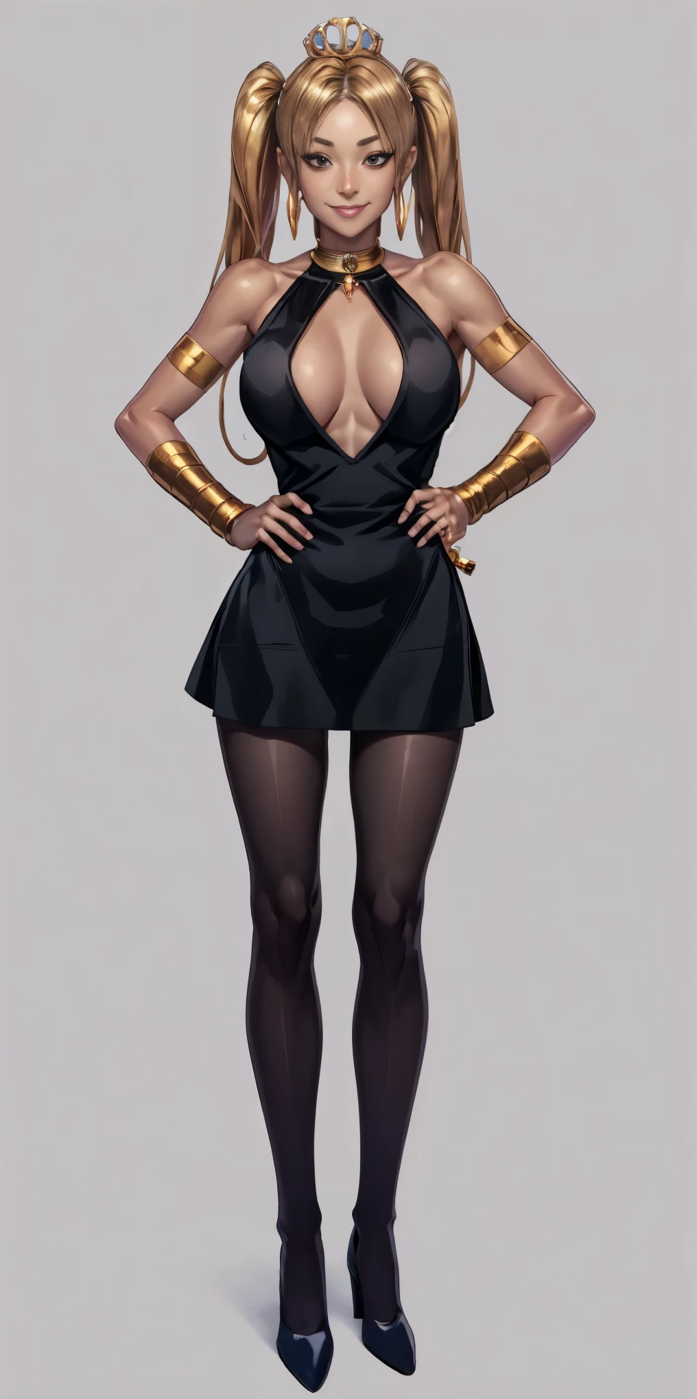 full body standing straight symmetrical, huge cowboy shot, solo 1MILF, lustful smirking smile face, looking at viewer, hands on hips, twintails, twin drills, dress, striped pantyhose, metal handcuffs on their hands with a black maetal slave collar around her neck, cowbell attached to the choker, sleeveless, black stockings, golden tiara