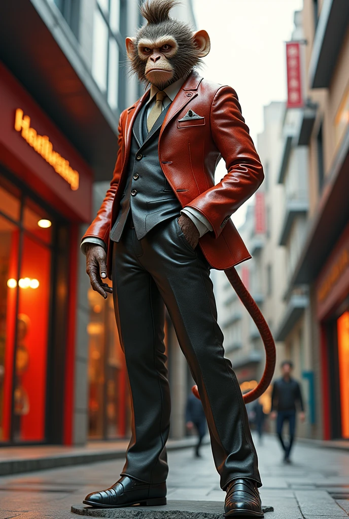 Monkey King Sculpture，Sun Wukong wears a suit，Arrogant expression，Unruly，Handsome，Model figure，Personification，Three View，Full body picture，High contrast，Modern urban background，Warm colors，Wide-angle lens，Side Light，Dynamic poses，confidence，Fashion。