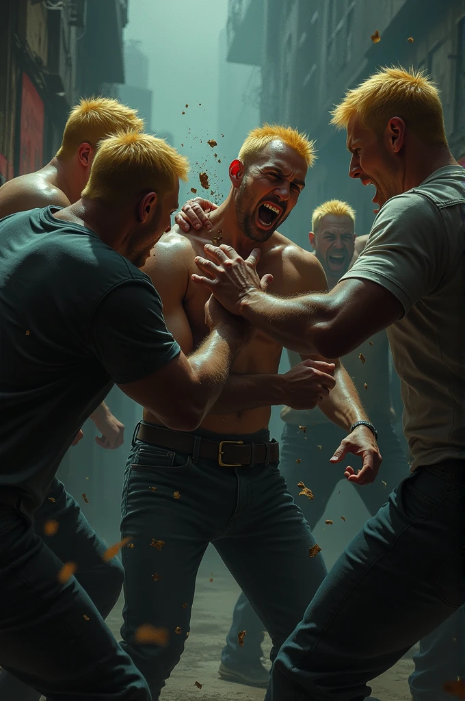 man being beaten by blonde men