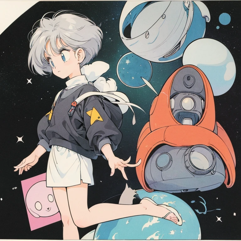 ((a cute girl)),gray hair,medium　short hair,black sweater,full body,flat fill,analogue,1990s,comic,Simple line art,retro anime,many colorful stars,night,space、no gravity,takahashi rumiko,simple、Very cute design、print,Simple Background、Paul Klee