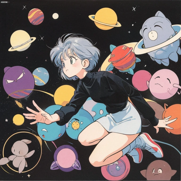 ((a cute girl)),gray hair,medium　short hair,black sweater,full body,flat fill,analogue,1990s,comic,Simple line art,retro anime,many colorful stars,night,space、no gravity,takahashi rumiko,simple、Very cute design、print,Simple Background、Paul Klee