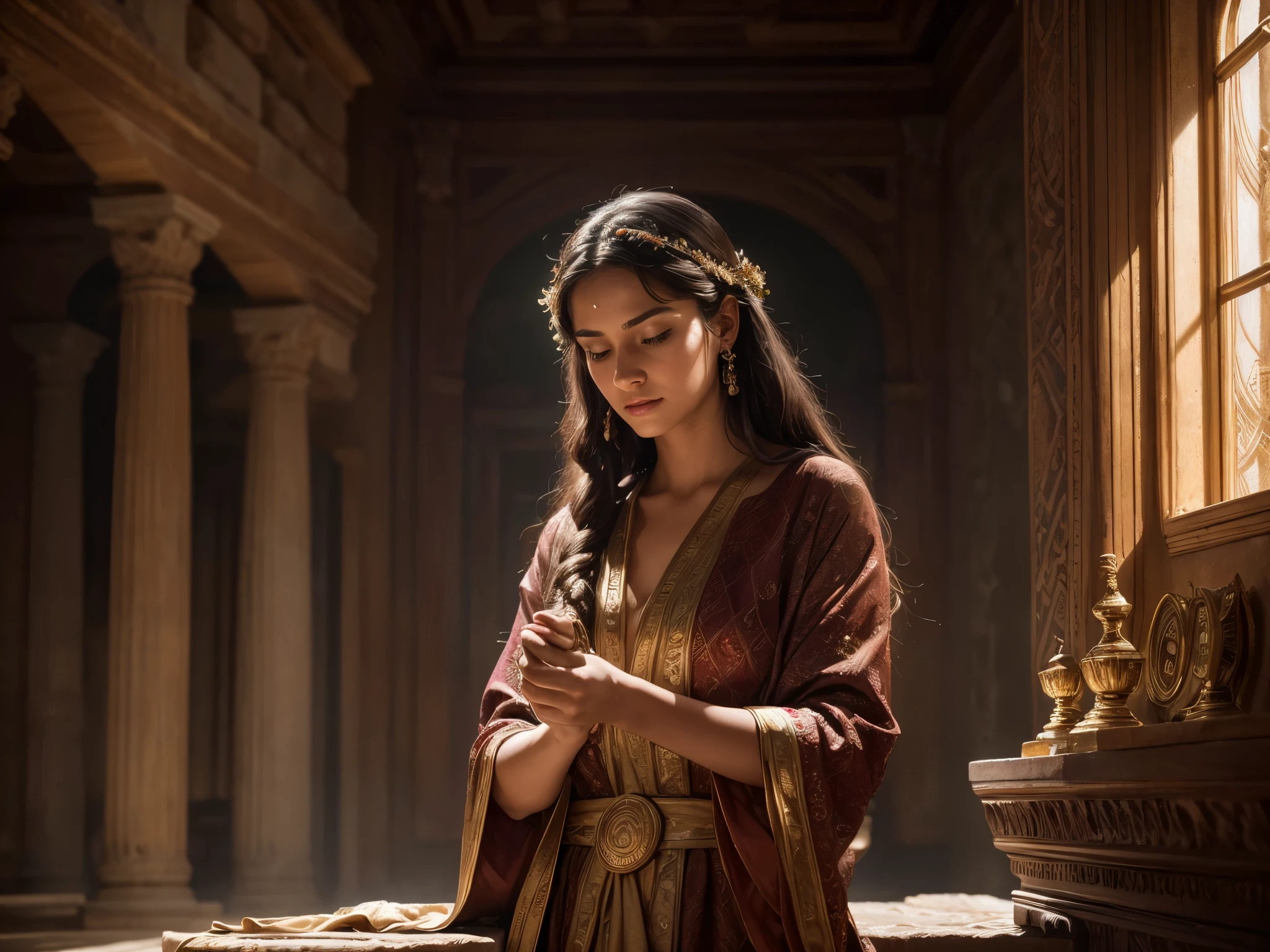 In the heart of an ancient villa, a woman as she cleaning a house. The divine light accentuates the intricate details of the coin, Her expression is one of reverence and contemplation, adding a sense of mystery to the scene. This high-resolution painting captures the moment with exquisite realism, showcasing the woman's flowing robes and ethereal beauty. The composition is rich in biblical symbolism, inviting viewers to ponder the significance of the event. Ensure that the image depicts the thematic concept of lost coin story and is visually appealing and eye-catching. hyper detailed, dynamic color , wearing withe tunic, super emotional image, Great quality and realistic image, the epic scene, hiper realistic, blockbuster, high detailed, , 4K photography, 50mm f/1.8 lens, high details, high face details, high hands details, perfect hands, soft illumination, high quality, natural light, stunning blockbuster background, dynamic angle