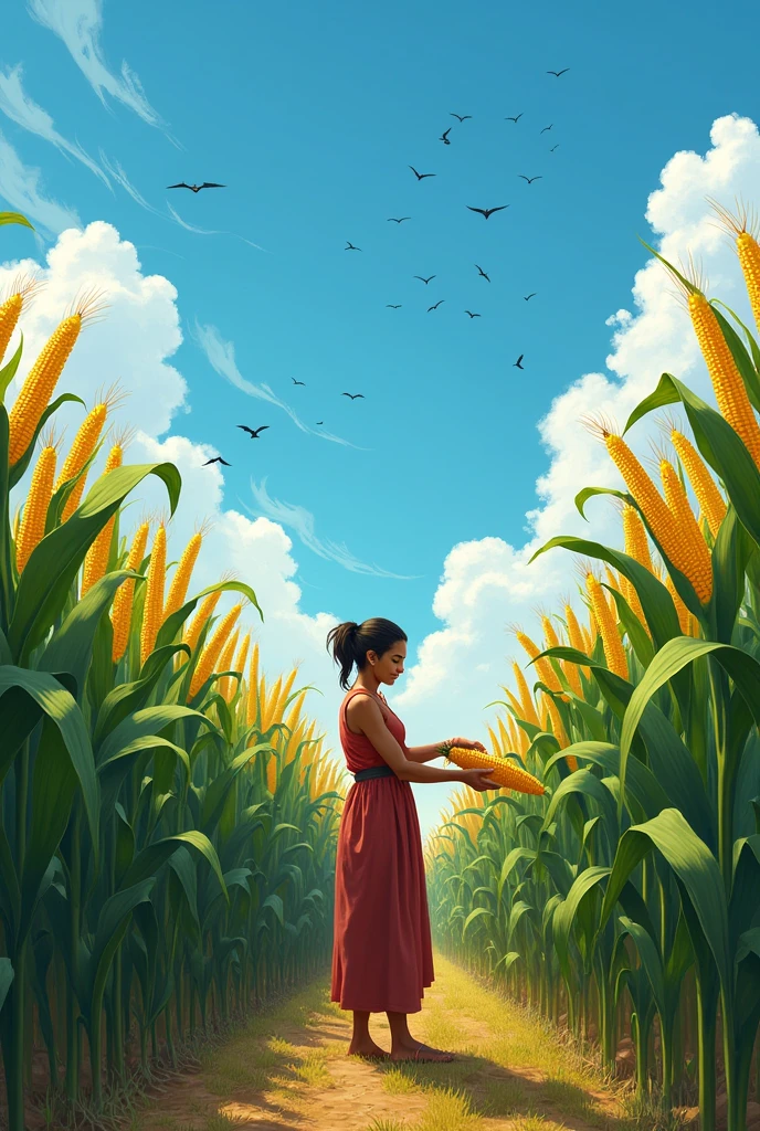 Woman harvesting corn, blue sky with birds
