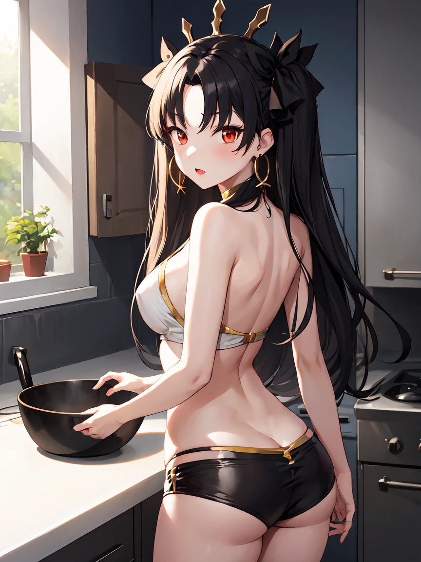 1girl, aaishtar, long hair, two side up, hair ribbon, tiara, parted bangs, hoop earrings, jewelry, bare shoulders, neck ring, black micro shorts, solo, perfect hands, standing, backwards ass, bubblebutt, anime screencap, looking at the viewer, cowboy shot, on kitchen, masterpiece, best quality, highly detailed, vivid colors