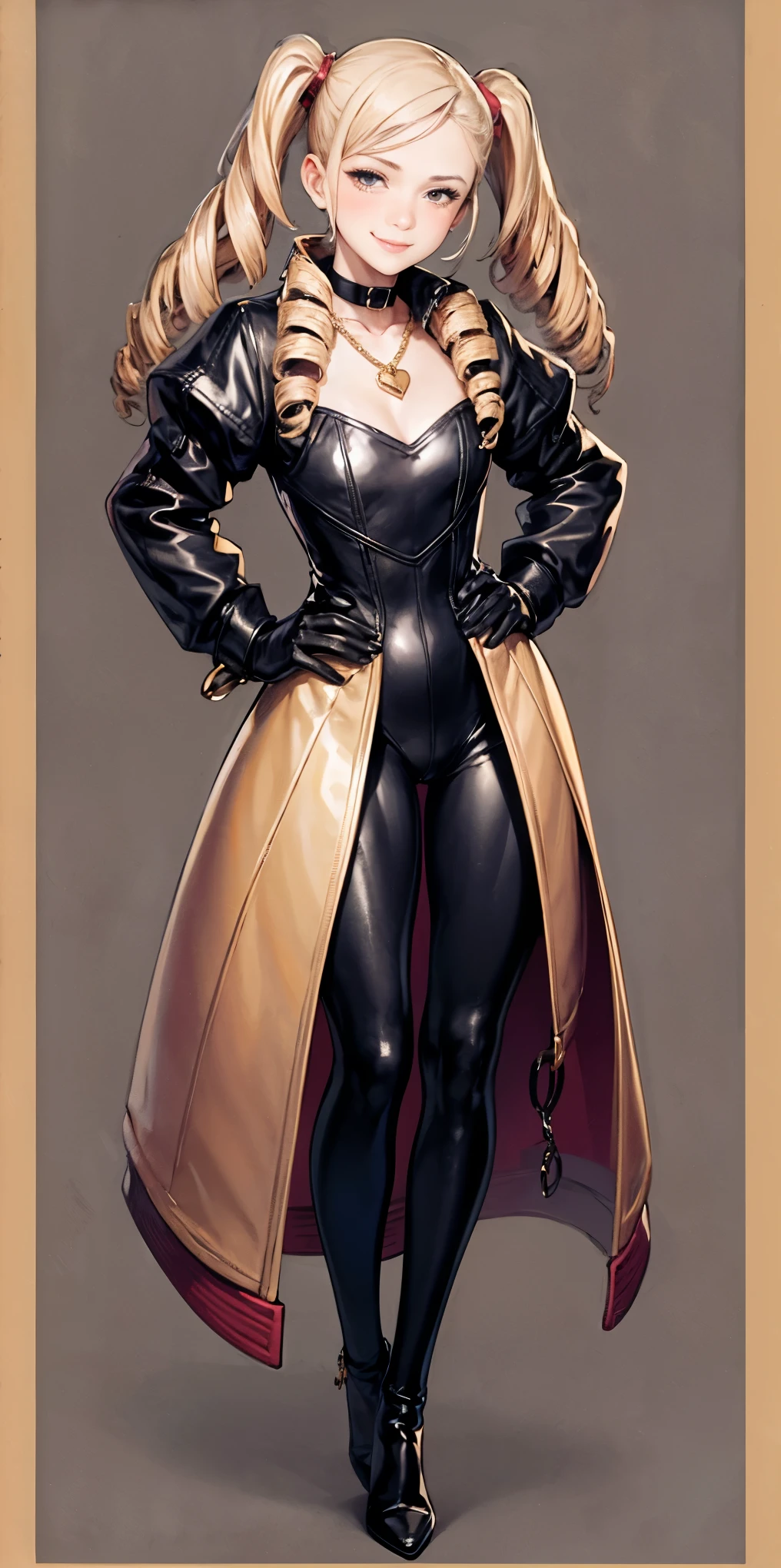 1solo Milf full body standing straight symmetrical, looking at viewer, hands on hips, twin drills twintails, striped pantyhose, golden handcuffs on their hands with a black leather collar around the golden heart necklace and black leather choker with golden bell, hands on hips, lustful smirking smile face red blushed