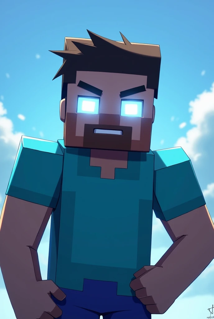 Steve from Minecraft with glowing white eyes dadass , your muscular body , with a light blue anime style shirt, with a shallow beard , a square body