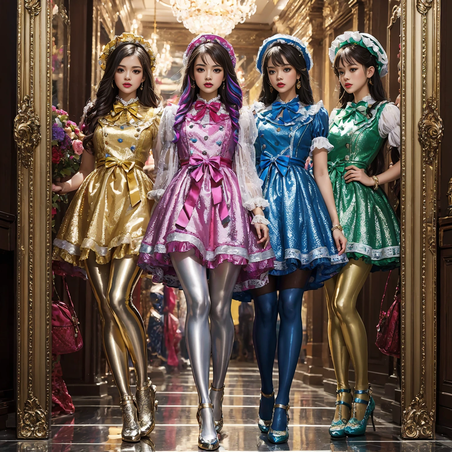 Movie poster composition,Nine-head body, Group photo, ((multicolored))，Three or more girls，Model figure, long-legged woman, A woman in a luxurious and elaborate ****ta dress, wearing ****ta mary jane shoes with ornate details, patterned tights, (Glossy Reflecting collection), (Glossy Reflecting collection), (Oily shiny)), (Metallic clothes), (Metallic dress), (Metallic tights):1.2)，standing on a snowy mountain, with reflective skin and reflective clothing, venusbody, full body shot, ray tracing, reflection light, chiaroscuro, UHD, masterpiece, anatomically correct, textured skin, super detail, high quality, 4K, highres