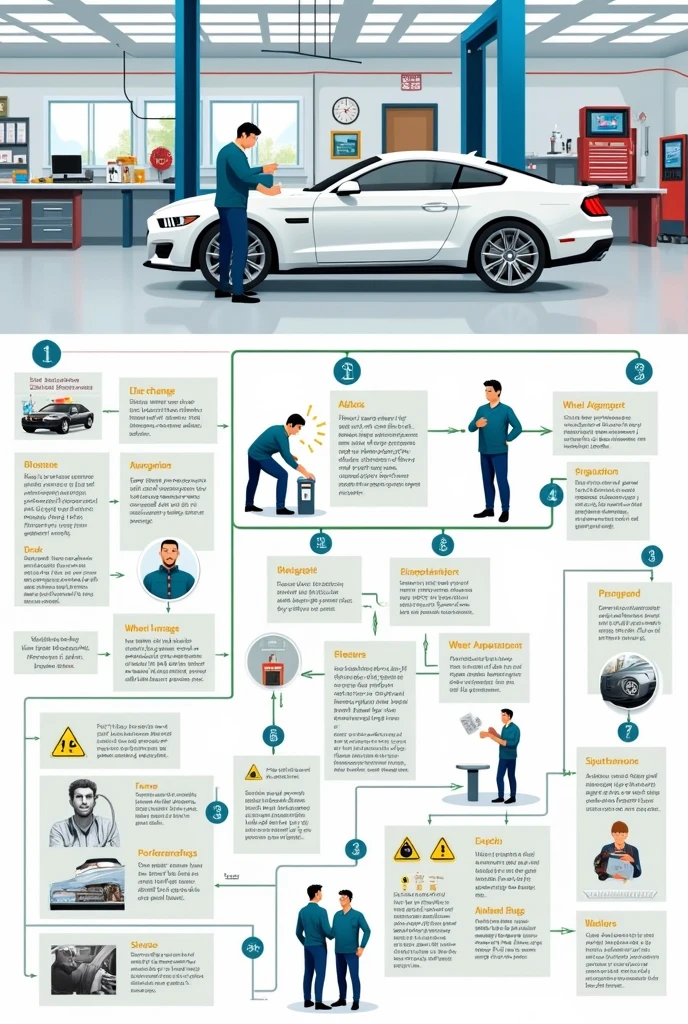 Create a flowchart for an oil change workshop, wheel alignment or brake inspection in our vehicle