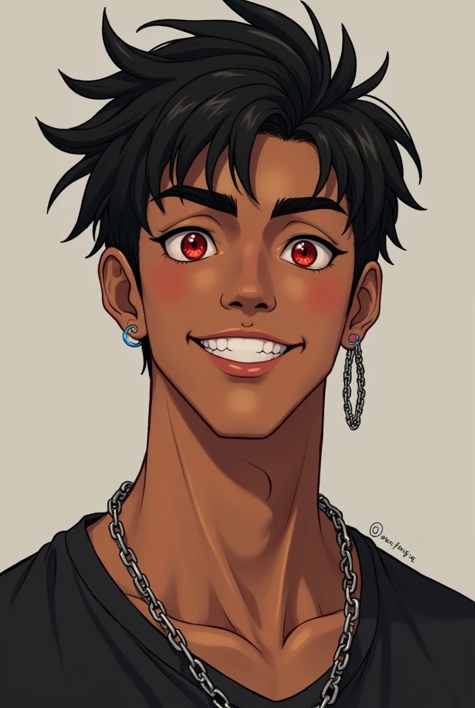 A teenage man, brown skin, red eyes, short black hair, chain earring in his right ear, athletic physique, smile on his face, young man in his 20s