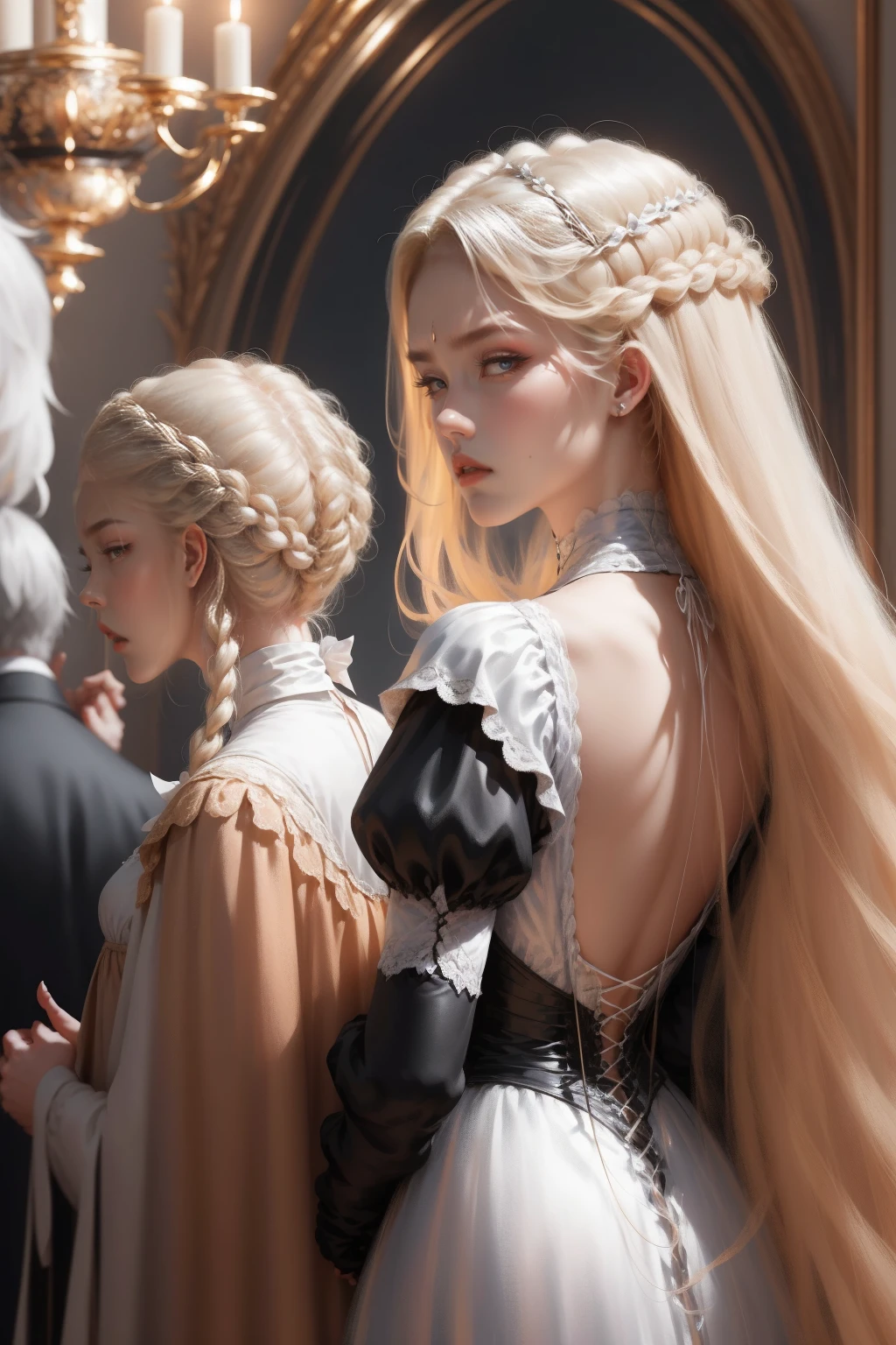 {-erro_de_anatomia:1.0} woman 30 years old, victorian era,victorian clothes, (white dress), dark castle, a woman (darkness), very long blond hair (blond hair), (gray eyes) . Indifferent look , merciless, dinamic poses, egoist smile, upper body, standing, backwards, looking back