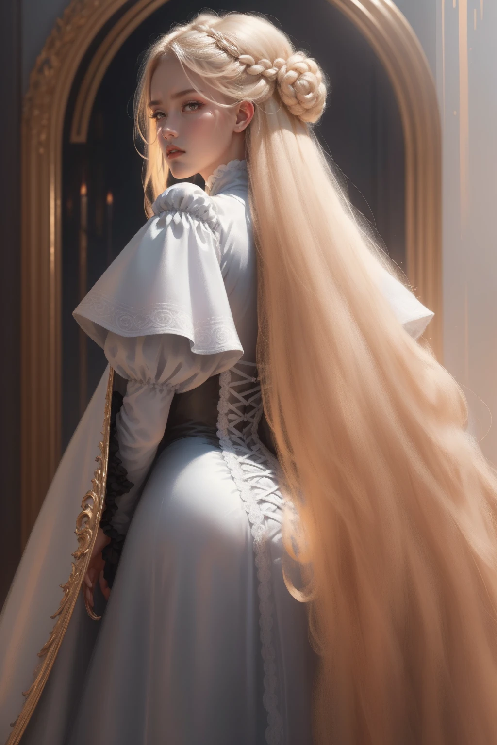 {-erro_de_anatomia:1.0} woman 30 years old, victorian era,victorian clothes, (white dress), dark castle, a woman (darkness), very long blond hair (blond hair), (gray eyes) . Indifferent look , merciless, dinamic poses, egoist smile, upper body, standing, backwards, looking back