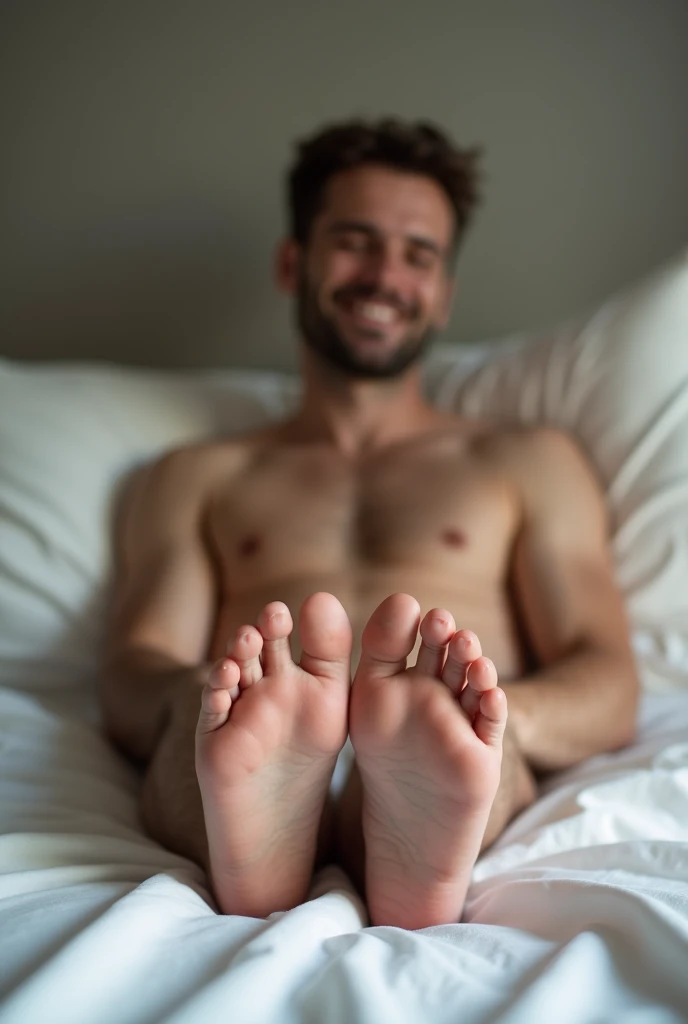 Create naked man's feet so that his penis is visible and big, smiling at him on a bed that is clearly visible, not blurry, without underwear