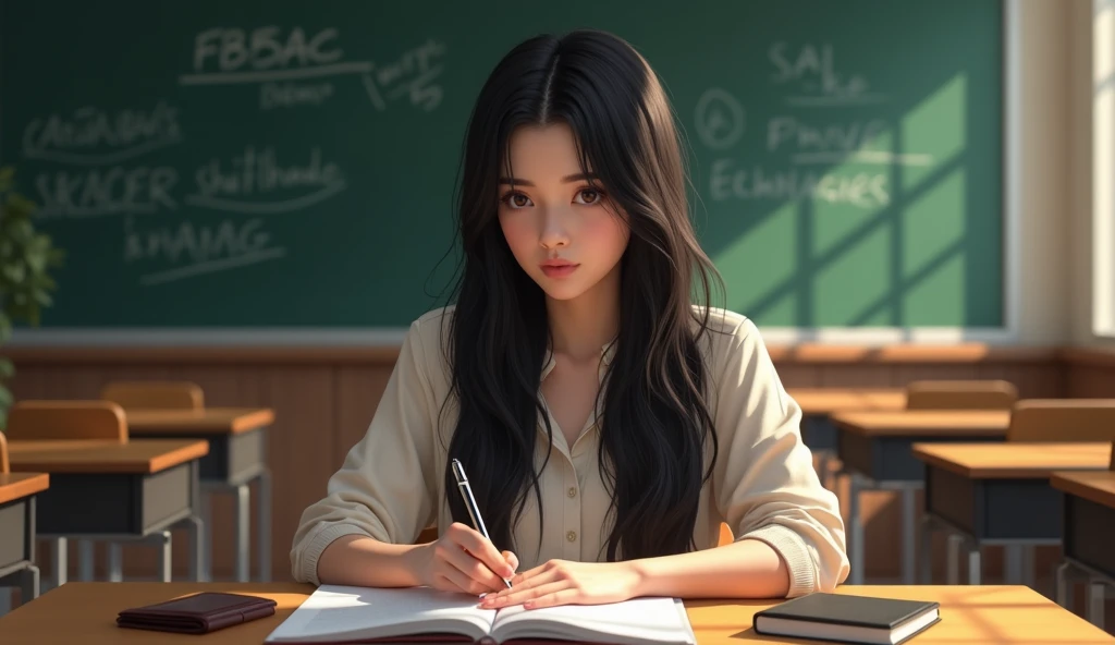 A woman with black hair, smooth and long, is sitting in a classroom. She wears casual clothes, focused on notes or an open book on the table. The surrounding environment is typical of a classroom, with wallets, blackboard and an academic atmosphere. The lighting is soft, highlighting the natural shine of her dark hair.