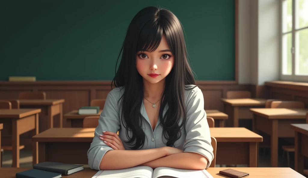 A woman with black hair, smooth and long, is sitting in a classroom. She wears casual clothes, focused on notes or an open book on the table. The surrounding environment is typical of a classroom, with wallets, blackboard and an academic atmosphere. The lighting is soft, highlighting the natural shine of her dark hair.