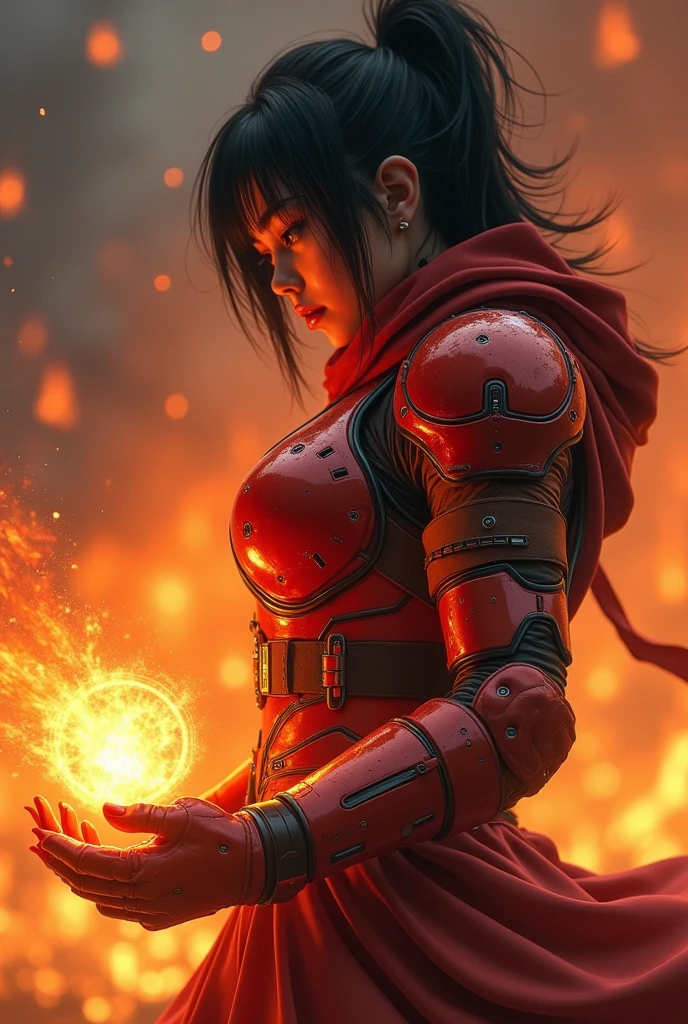 (masterpiece:1.2, Highest quality,Ultra-high resolution,Super detailed),8k,wallpaper,(Armored Core Style),Woman in ninja robot armor,Black Hair,Random Hairstyles,(Fire Ninja),(Red and Orange body),(Detailed face:1.3),(Detailed body:1.3),(Cowboy Shot),(The background is burning flames and ash:2.0),(Preparing for battle,Stores a ball of fiery energy in the palm of your hand,The electronic parts of the armor glow.),(Detailed hands:1.8),(Flashy special move effects:2.0)