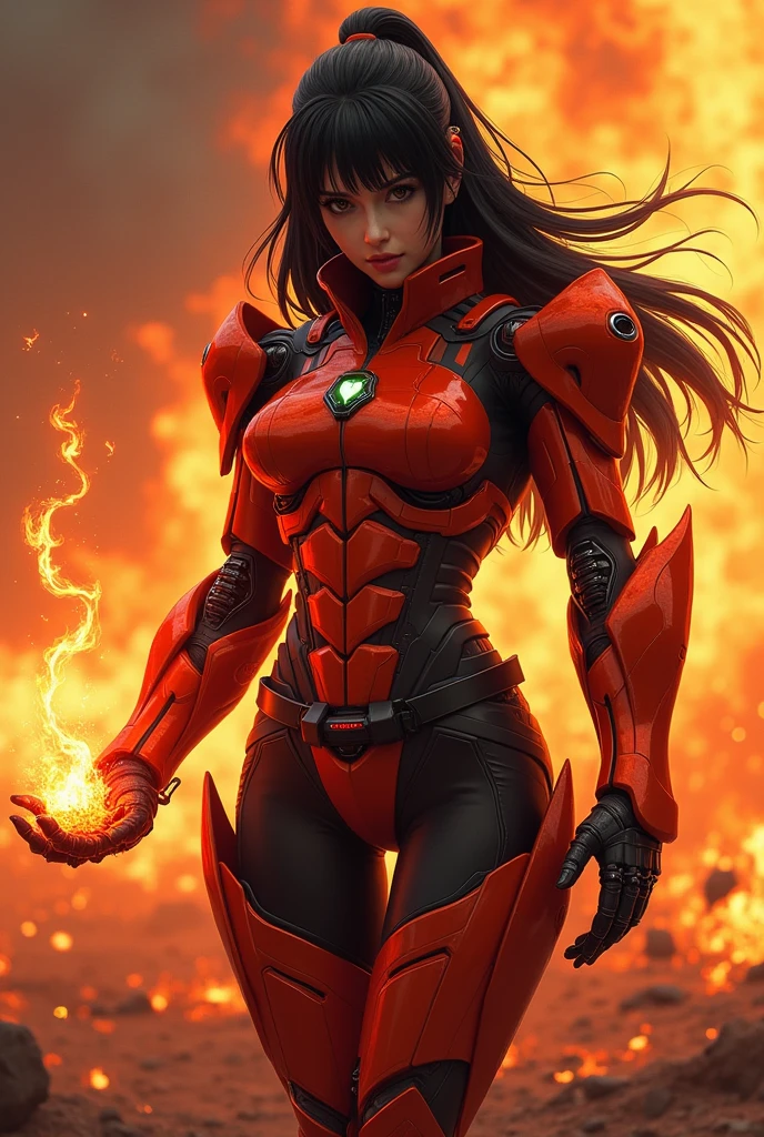 (masterpiece:1.2, Highest quality,Ultra-high resolution,Super detailed),8k,wallpaper,(Armored Core Style),Woman in ninja robot armor,Black Hair,Random Hairstyles,(Fire Ninja),(Red and Orange body),(Detailed face:1.3),(Detailed body:1.3),(Cowboy Shot),(The background is burning flames and ash:2.0),(Preparing for battle,Stores a ball of fiery energy in the palm of your hand,The electronic parts of the armor glow.),(Detailed hands:1.8),(Flashy special move effects:2.0)