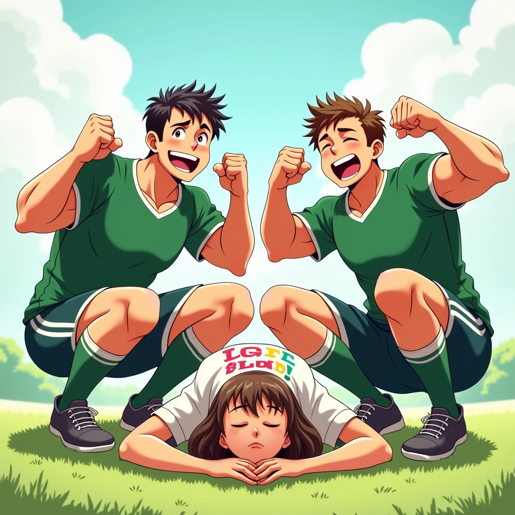 anime art: two masculine 22-year-old males with a big bulge, wearing a green soccer outfit , they're squatting down, flexing biceps, cheering, squatting down around a sleeping female wearing lgbt shirt
