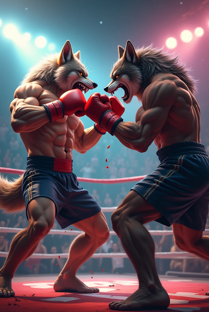 A muscular anthropomorphic wolf in a boxing stance delivers a powerful punch to a similarly muscular humanoid with a cat-like face, who is visibly injured and bleeding. Both characters are dressed in athletic shorts, and the scene is set in a boxing ring surrounded by an excited audience. Bright lights and vibrant colors enhance the dramatic atmosphere, highlighting the intensity of the fight.