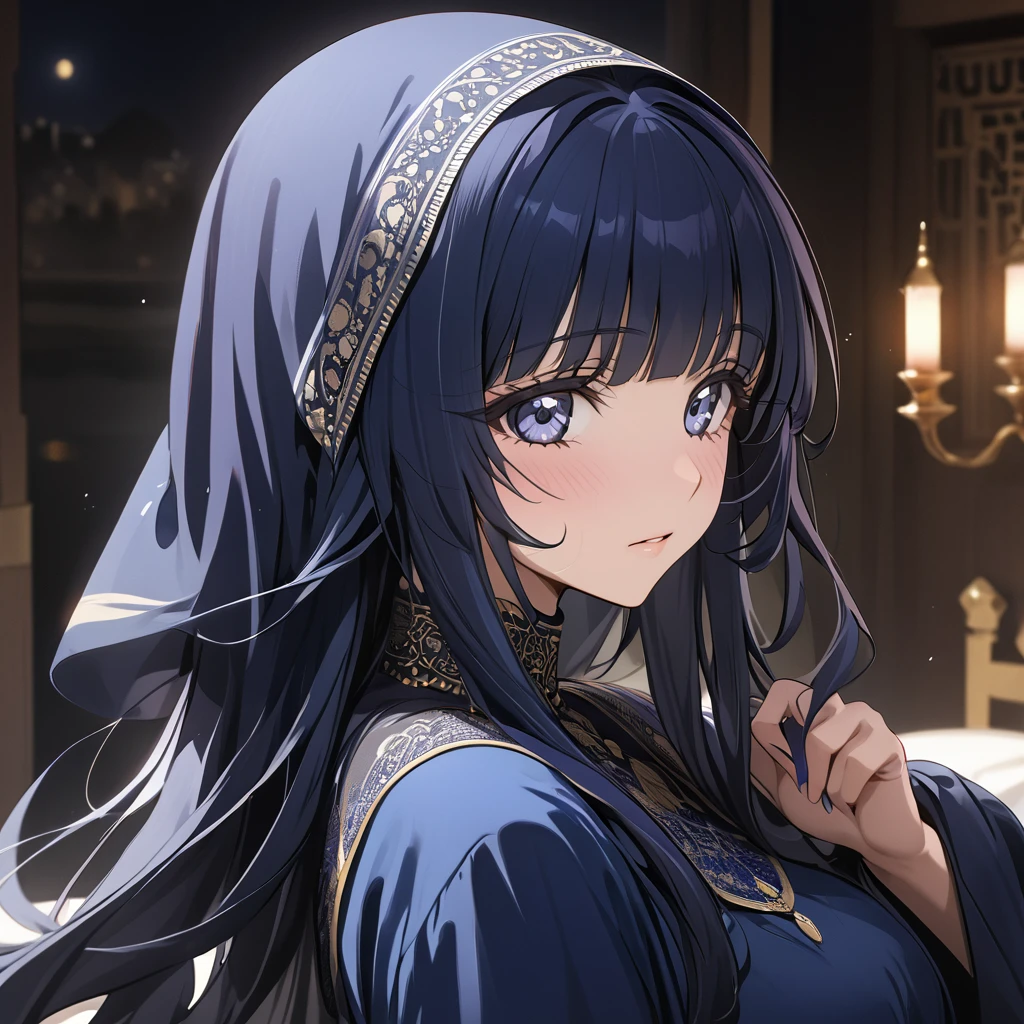 ((Highest quality)), ((masterpiece)), (detailed), (Perfect Face)、The woman is Reika Aoki, has midnight blue semi-long hair, is wearing a black Arabic traditional dress, and resembles an Arab Muslim woman.